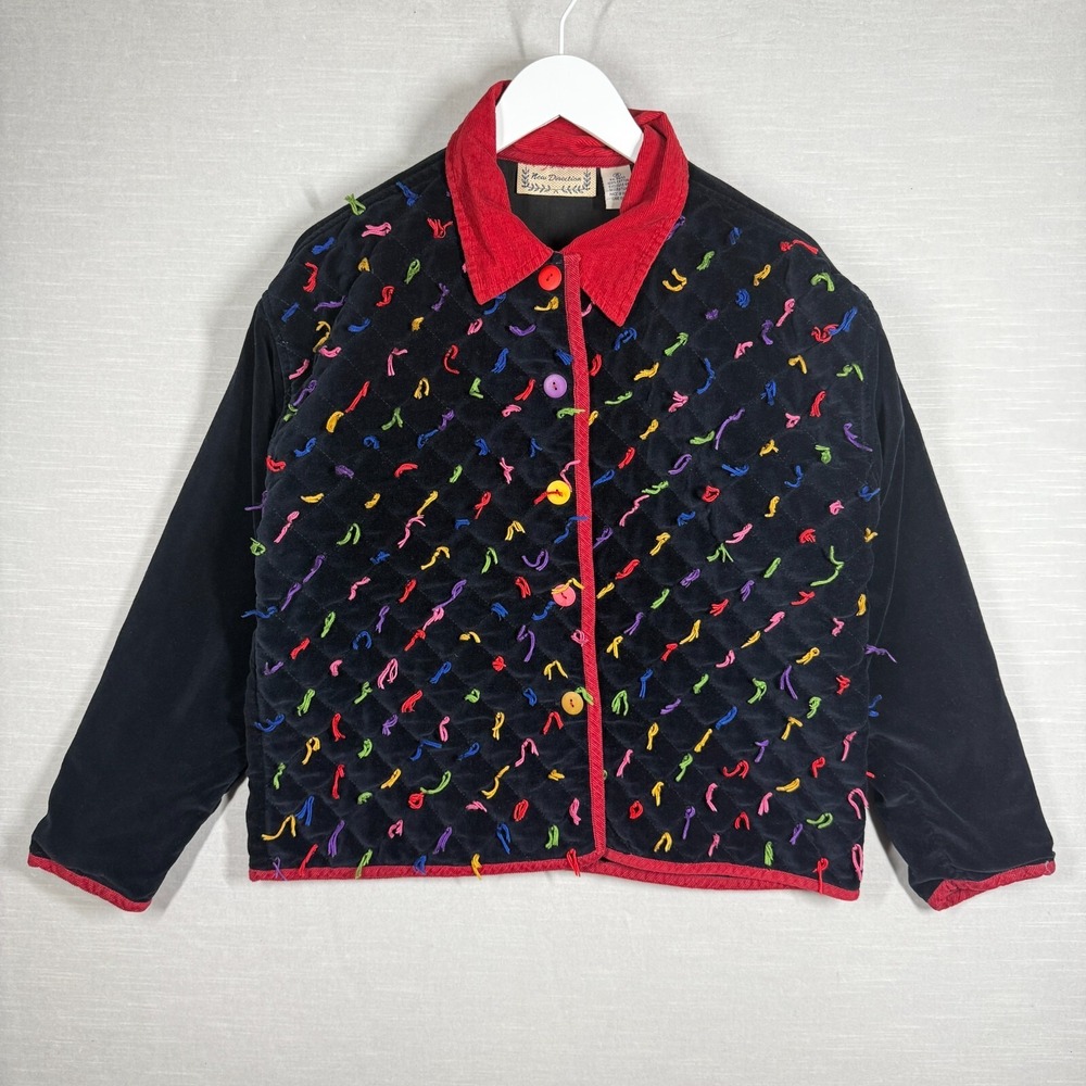 Vintage New Direction Jacket Womens M Navy Velvet Colorful Quilted Artsy Unique